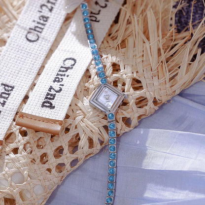 Luxury Women's Watch Square Dial Blue Rhinestones Bracelet Waterproof Fashion Elegant Wristwatch for Women Daily Wear Gifts.