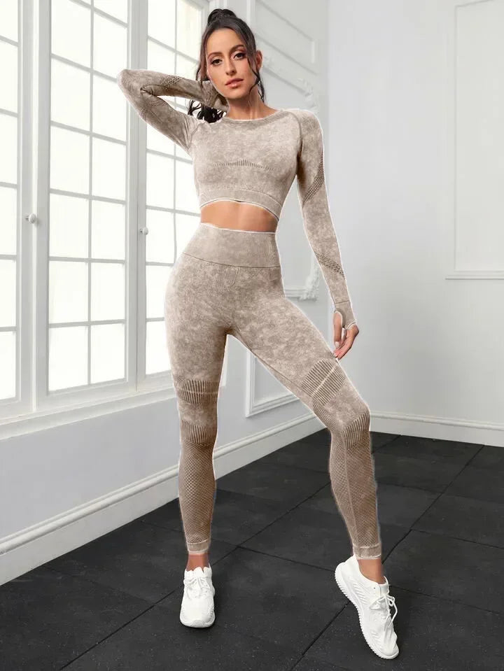 2 Piece Acid Wash Gym Set Women Seamless Long Sleeve Leggings Tracksuit Sports Fitness Suit Scrunch Workout Clothes Yoga Outfits
