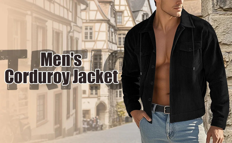 Men's Corduroy Jacket Stand-up Collar Slim Fit Retro Multi-pocket Workwear Commuter Coat for Spring And Autumn.