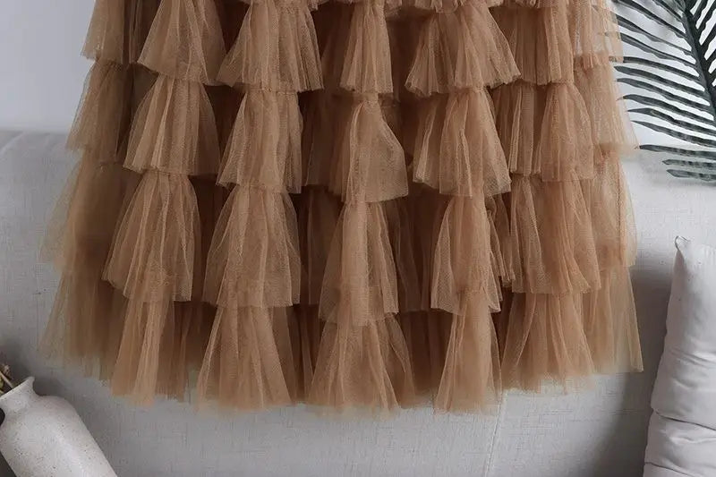 Chamliforve Women Tulle Mesh Skirt Elegant Elastic Waist Fairy Long A-line Tutu Skirt for Spring Summer Long Cake Skirt
