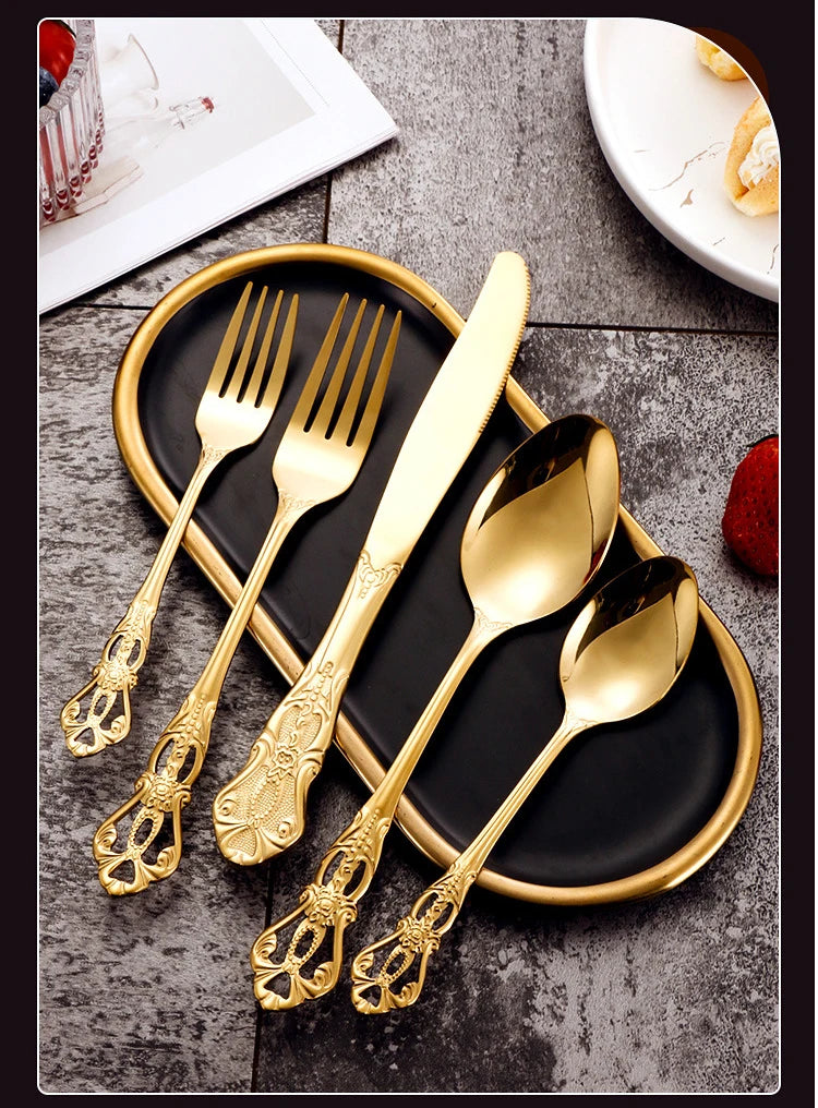 Golden Stainless Steel Cutlery Set Royal European Spoon Fork Complete Tableware Retro Design Dishwasher Safe Elegant Flatware.