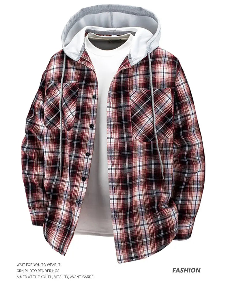 Hooded men's and women's wearable plaid shirts, Japanese shirt jackets for spring and fall, loose-fitting long-sleeve jackets..