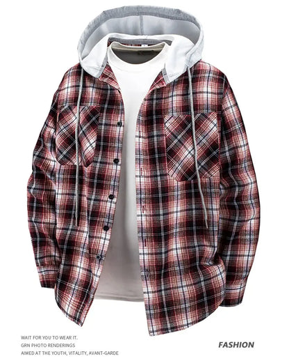 Hooded men's and women's wearable plaid shirts, Japanese shirt jackets for spring and fall, loose-fitting long-sleeve jackets..