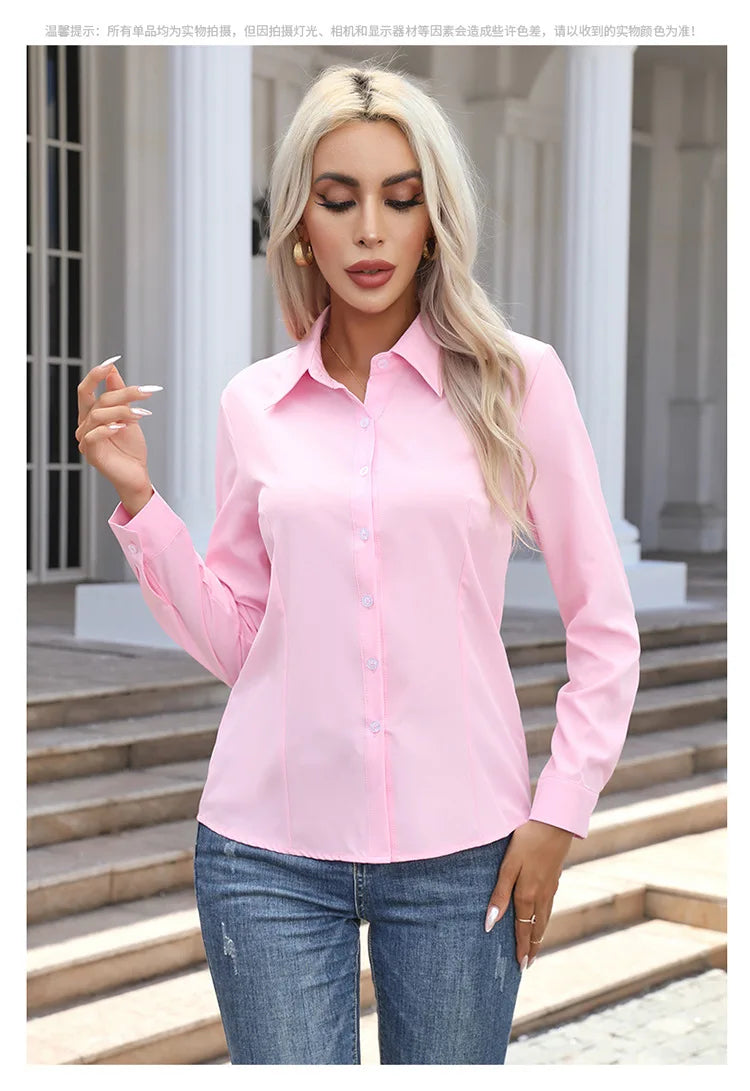 1pcs Woman Spring Autumn Solid color Shirts Lady Casual Long Sleeve Turn-down Collar Loose Shirt Female Fashion Temperament Tops.