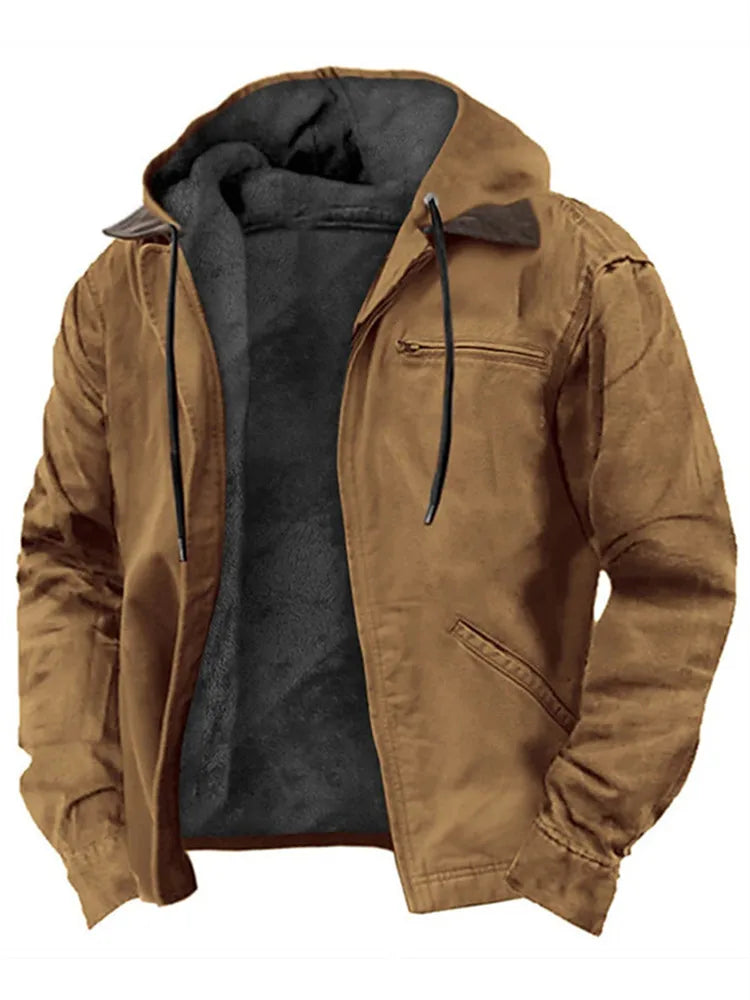 Winter New Men Casual Jackets Hooded Zipper Pocket Fashion Solid Color Fleece Warm Outerwear Male Outdoor Hooded Hoodie Coats.