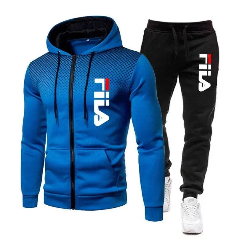 New men's casual jogging fitness fashion sports clothing set autumn and winter printed zipper hoodie + two sets of stretch pants.