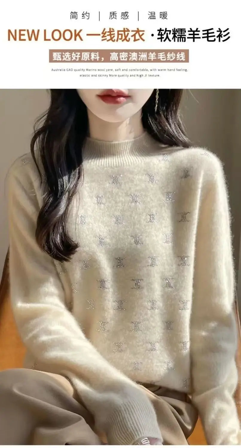 Temperament Fashion Autumn Winter New Sweaters Women Turtleneck Diamonds Long Sleeve Loose Pullovers Bottoming Shirt Knitted Top.