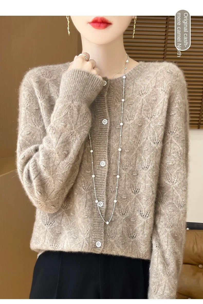 2024 Autumn And Winter New Round Neck Hollowed Out 100 Wool Knitted Cardigan Women's Versatile Coat Loose Casual Sweater DMR281.