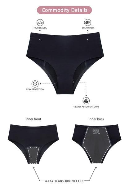 High Waist Period Panties for Women 4-Layer Leakproof Protection Heavy Absorption Menstrual Panties Breathable Reusable.