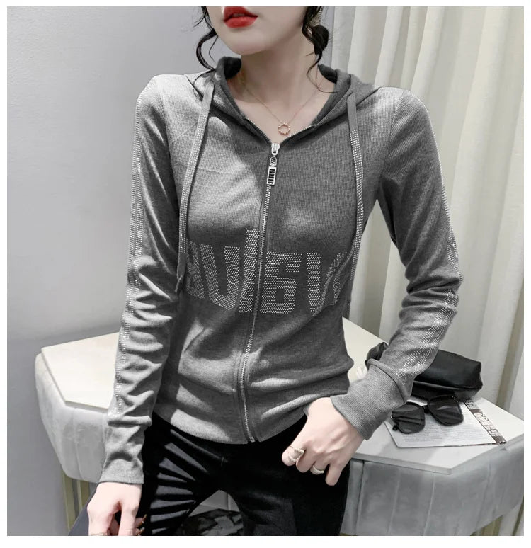 #7937Black Grey Women Hoodies Sweatshirt Tops Pullovers Diamonds Letters Slim Streetwear Short Hoodies Woman Zipper Korean Style.