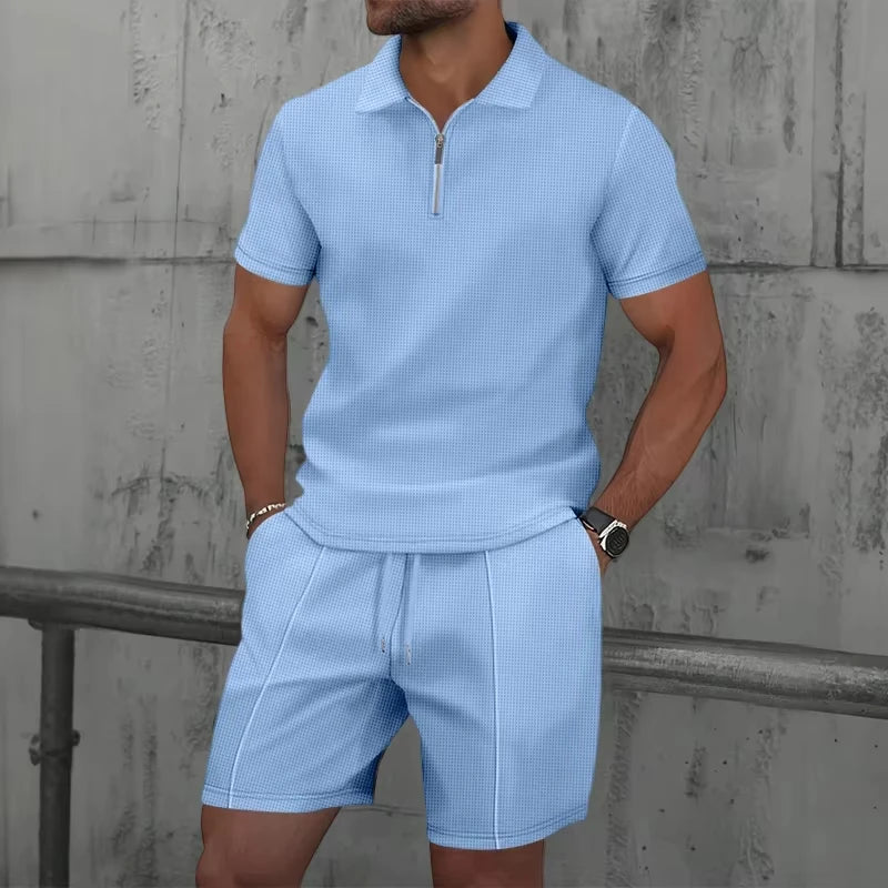 Men's Sportswear set, men's Zipper Polo Shirt set, 3D Printed Casual Zipper Polo Shirt + Shorts 2-piece Business Sportswear Set.