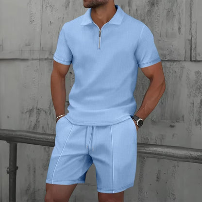 Men's Sportswear set, men's Zipper Polo Shirt set, 3D Printed Casual Zipper Polo Shirt + Shorts 2-piece Business Sportswear Set.