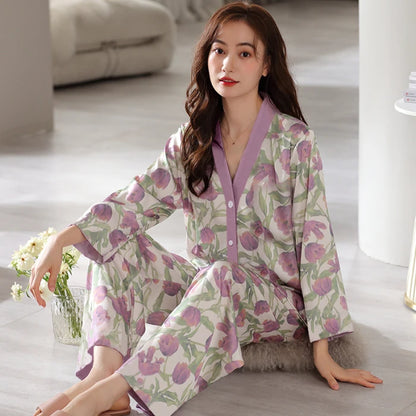 Herbst Winter Pyjamas Set für Frauen Kawaii Druck Nachtwäsche Anzug für Mädchen Mode Restlong Ärmel V-Ausschnitt Frau Pyjamas Set