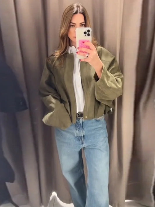 2025 herbst frauen Grün Wildleder Jacke Lose Revers Zipper Langarm Taschen Bomber Mantel Neue Mode Dame Dicke Streetwear
