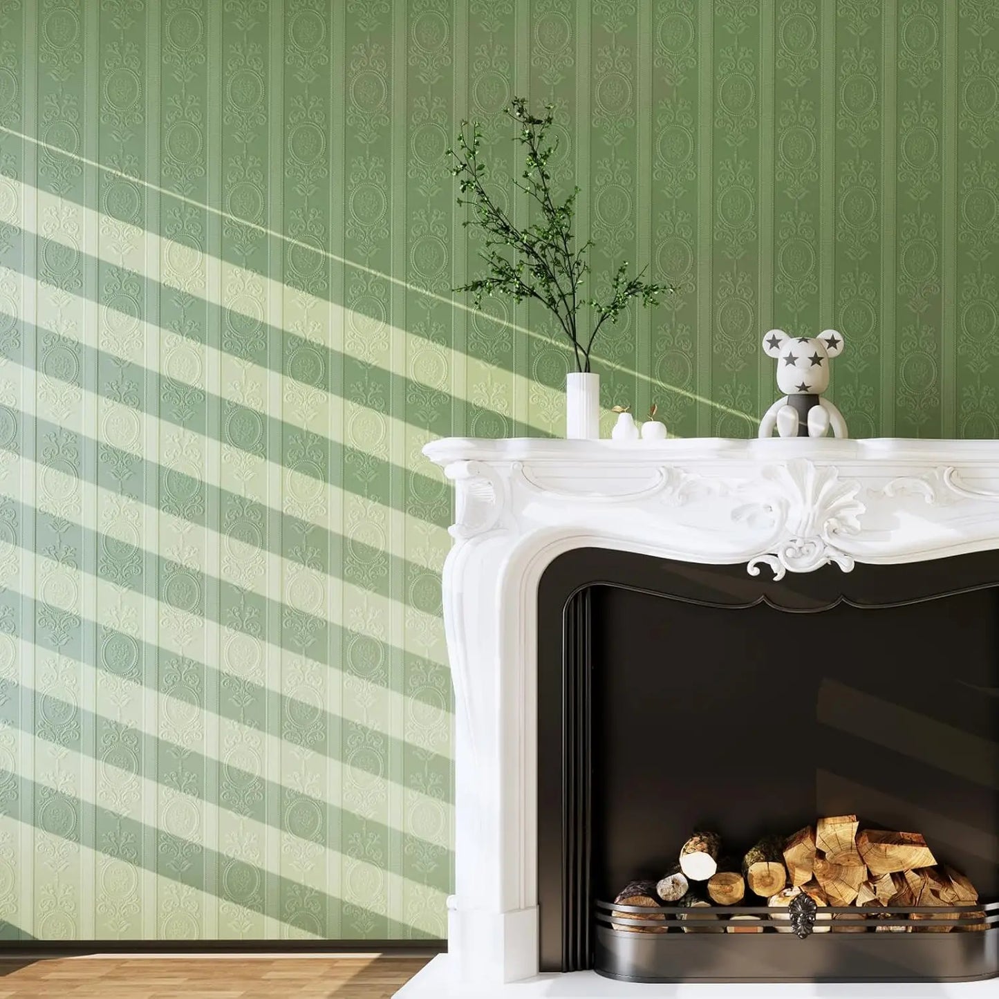 3D-Tapete mit weißer Prägung zum Abziehen und Aufkleben, Damaststruktur, selbstklebende Tapete, modernes, florales, abnehmbares Kontaktpapier