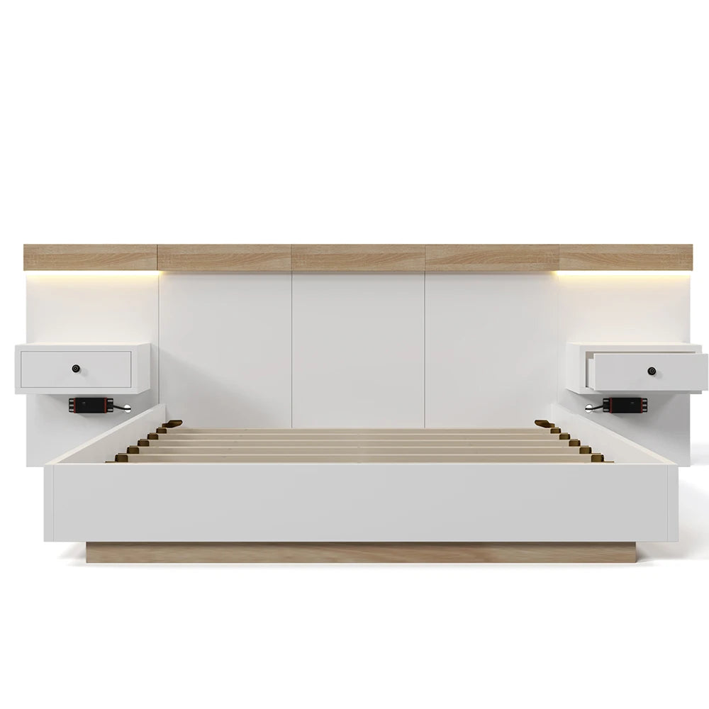 KOMHTOM Doppelbett-Bettkasten mit 2 LED-Nachtkommoden & USB-C-Steckdose, 180 x 200 cm Holzbett inkl (ohne Matratze)