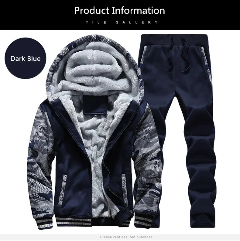 New Winter Fleece Thicken Men's Two-piece Zipper Sports Set Hooded Thermal Suit Casual Oversized Tracksuit 4XL 5XL Funny Suit.