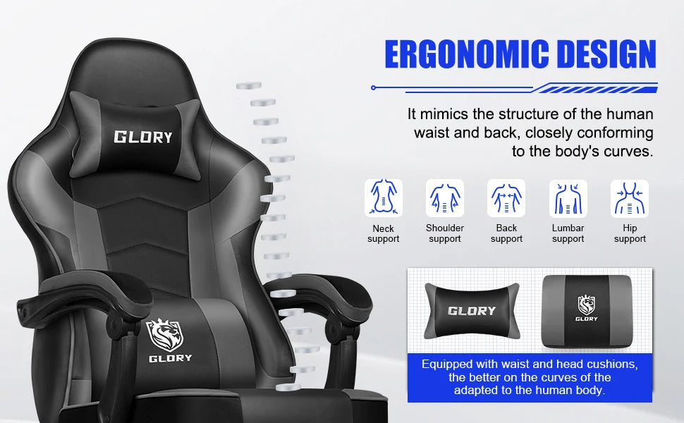 Daccormax 170 °   Liegender Gaming-Stuhl mit ausziehbarer Fußstütze, ergonomischer Bürostuhl mit Lordosenstütze und Kopfstützenkissen