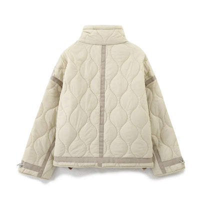 ZBZA Women's Quilted Loose Jacket Mantel Drawstring hoher Kragen Reißverschluss lange Ärmel Versteckter Knopf Doppeltaschen Clip Baumwolle Outerwear Herbst Winter Neue Weibliche Chic Mantel.