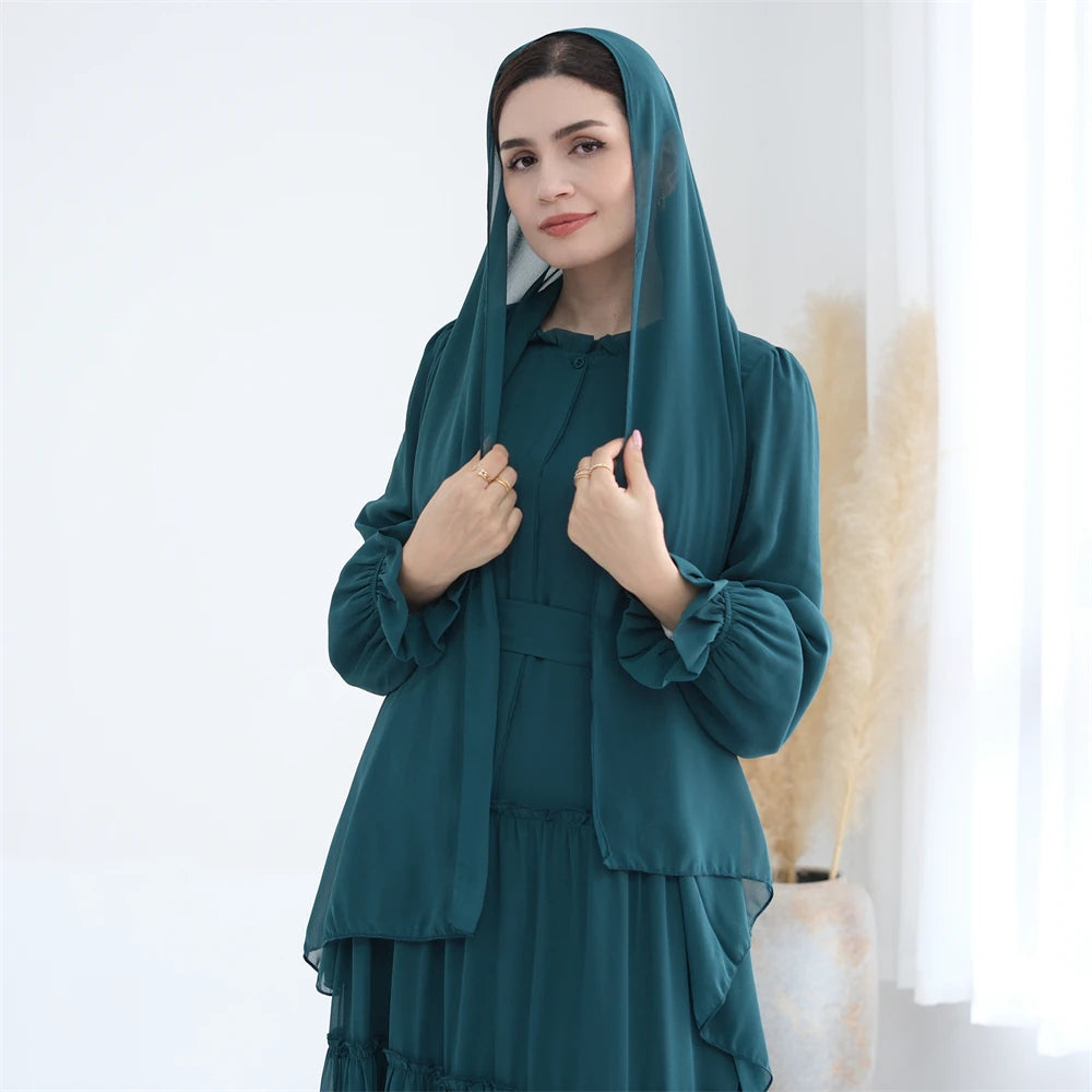 Ramadan Eid Chiffon Muslim Modest Khimar Abaya Set Dubai Turkey Islam Dress Abayas For Women Kebaya Kaftan Robe Femme Musulmane.