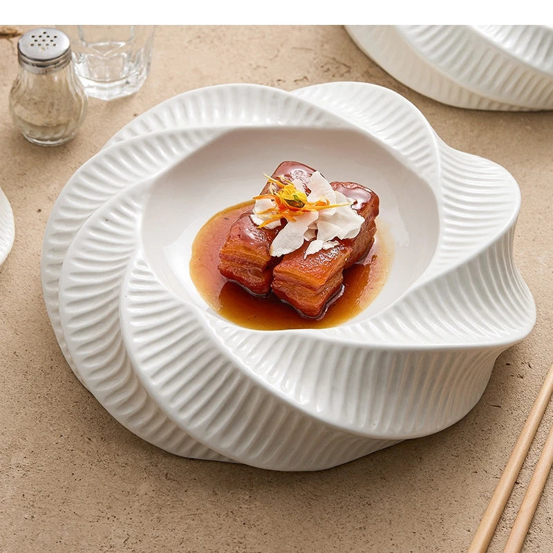 White Ceramic Dining Plate Dinner Steak Hotel Restaurant Main Course Dessert Home Kitchen Tableware.