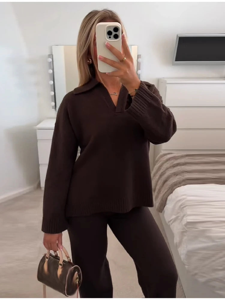 Casual Simple Loose Sweater Trousers Set Solid Color Retro Versatile Comfortable Streetwear Top Pants Commuting Women's Outfit.