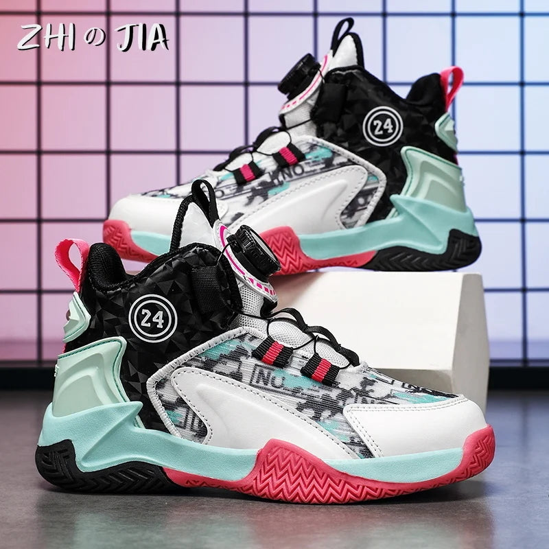 Children's Autumn New Rotary Buckle Mesh Breathable Basketball Shoes Boys Fashion Trend Sneaker Anti Slip Running Footwear 31-40.