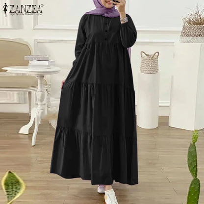 ZANZEA O Neck Casual Loose Maxi Dress Tiered Islamic Hijab Women Long Sleeve Long Vestidos Muslim Fashion Autumn Abaya Robes.