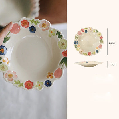 Floral Embossed Rim Soup Dessert Plate - Elegant Ceramic Appetizer Dish for Breakfast, Cafe Dining, Home Kitchen Tableware Set