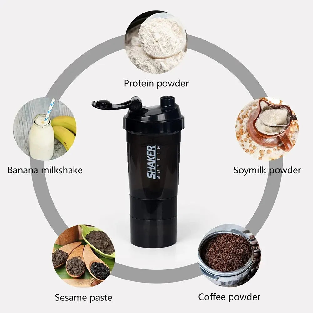 3 Layers Shaker Protein Bottle Powder Shake Cup Water Bottle Plastic Mixing Cup Body Building Exercise Bottle.