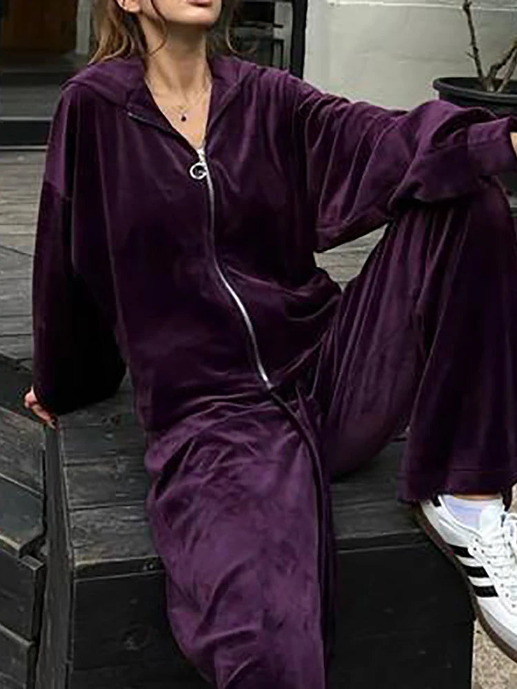 Women Autumn Hooded Coat Two Pieces Sets, Solid Patchwork Wide Leg Pants Chic Outfit, New Long Sleeve Casual Simple Ladies Suits