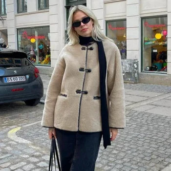 Women's Faux Wool Warm Loose Jacket Coat Retro Round Neck Single Breasted Double Pocket Casual Overcoat Winter Female Chic Coat.