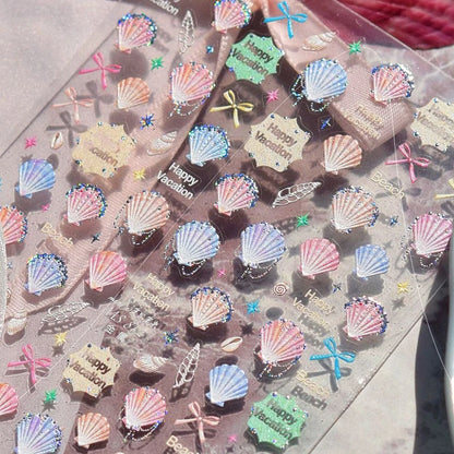 Ocean Theme 5D Nail Sticker Summer Beach Seashells Starfish Conch Scallop Shell Coral Self Adhesive Decoration Manicure Decal.