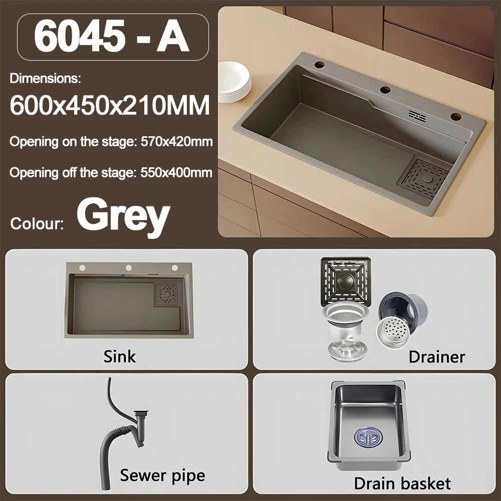 Thickening 304 stainless steel nano-coated Kitchen Sink Large-Capacity Single Sink Wear-Resistant Grey tank