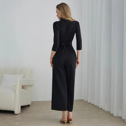 Elegant Pure Color V-Neck Sleeveless Wide Leg Jumpsuit Women's Spring Autumn Fashionable Comfortable Polyester One-Piece Suit.