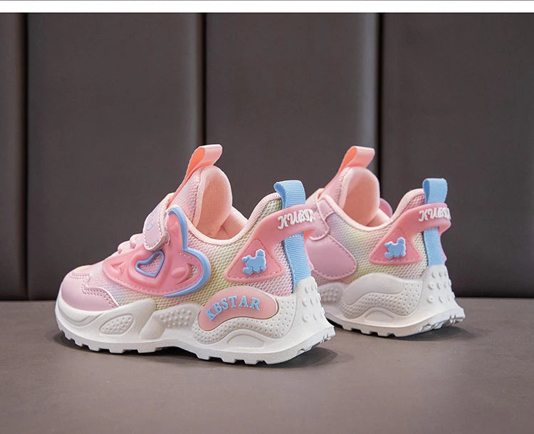 Girls Sports Shoes Kids Running Shoes Pink Breathable Air Mesh Heart Sweet Sneakers Cute Hook & Loop Children's Casual  Shoes.