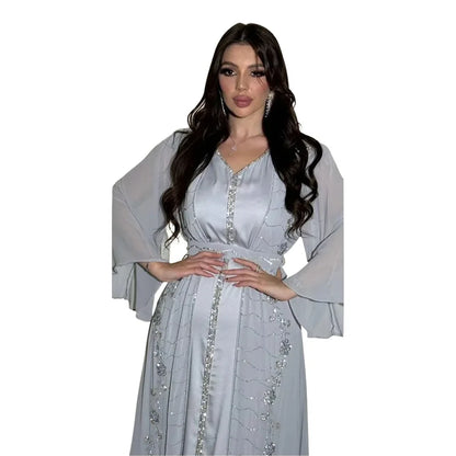 Autumn Fashion Muslim Dresses for Women Muslim Long Sleeve V-neck Party Evening Long Abay Dress Suit Inner and Abaya Outfits.