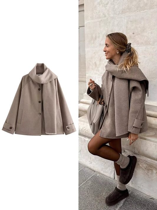 Women Fashion Brown Scarf Coat Jacket Loose Long Sleeve Single Breasted Pocket Jacket Fall/Winter Casual Wool Blend Jacket.