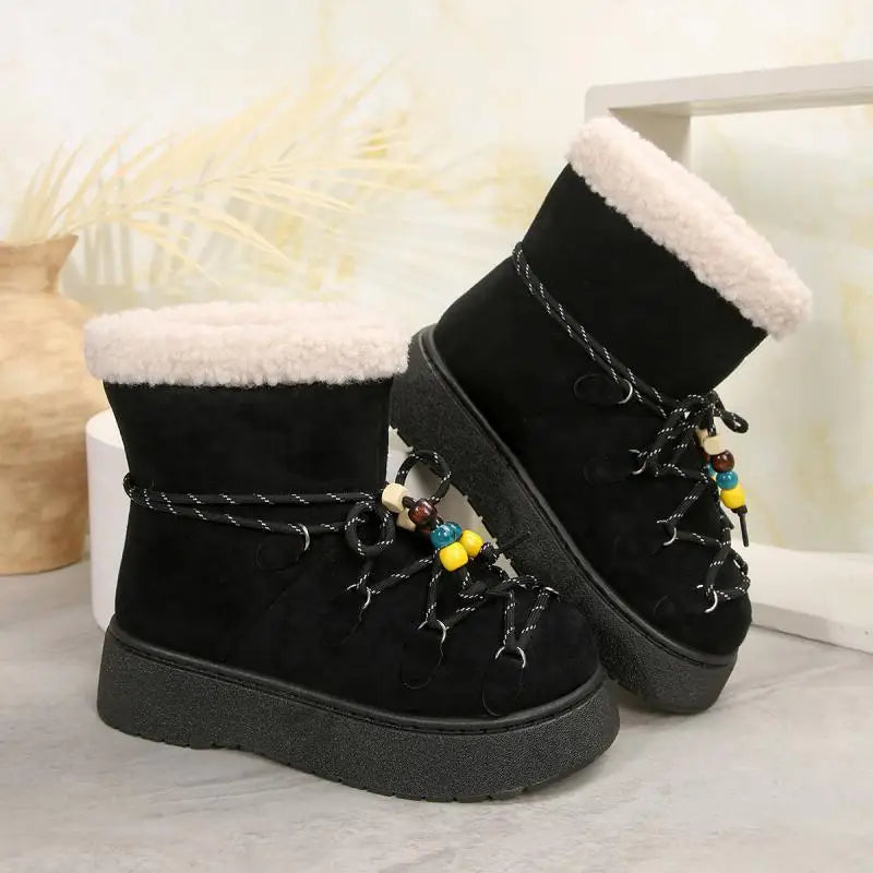 Chunky Platform Non Slip Furry Snow Boots Women 2025 Winter Soft Thick Bottom Warm Plush Ankle Boots Colorful Bead Lace Up Shoes