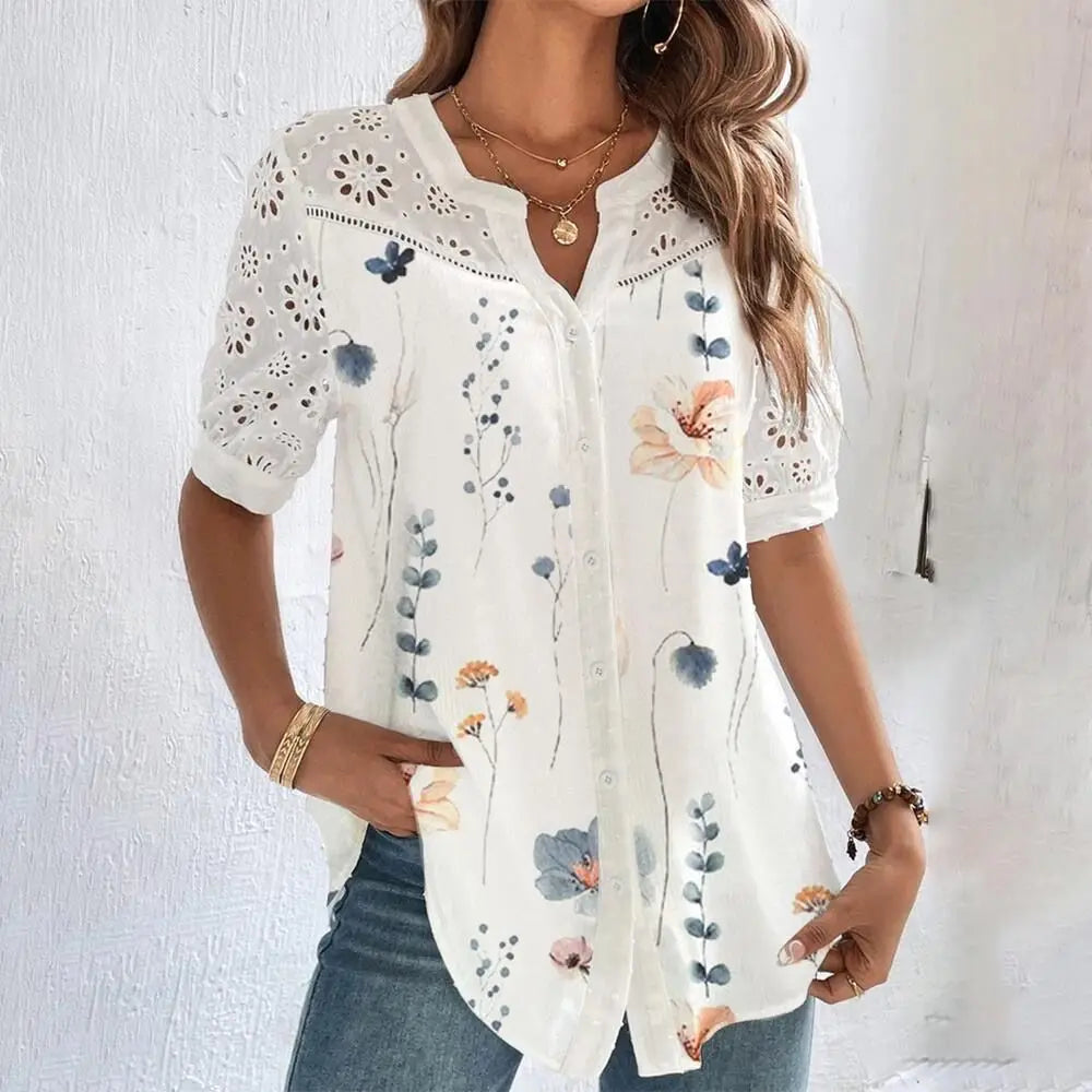 Temperament Casual Lace Woman Shirt Fashion Loose Shirt Woman Elegant Short Sleeve Blouse Holiday Weekend.