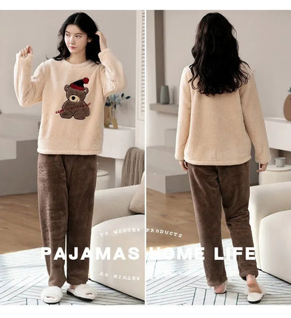 Thickened Warm Large Size Padded Fall and Winter Women's Pajamas Top and Pants Set Coral Velvet Ladies Cartoon Bear 2PCS/Set.