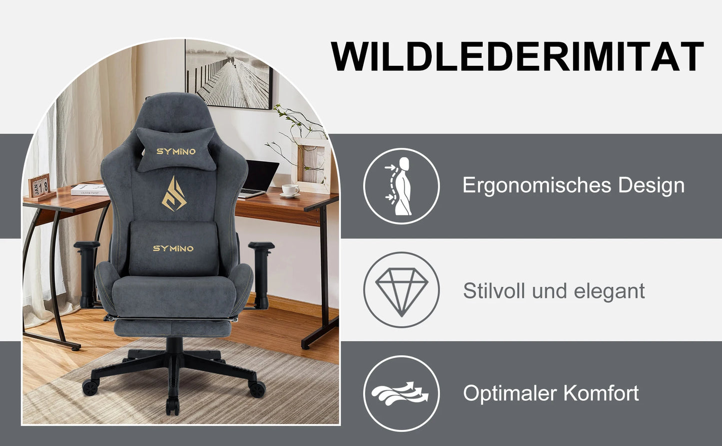Symino Gaming-Stuhl, ergonomischer Gamer-Stuhl mit Fußstütze, atmungsaktiver PC-Stuhl mit verstellbarem Lendenkissen, Kopfstützenkissen