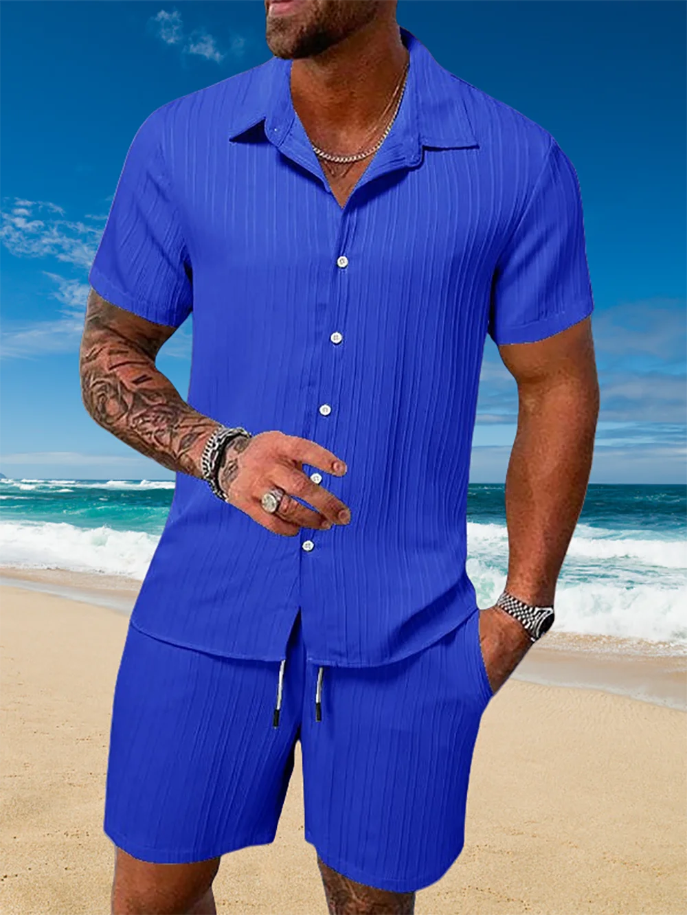 Ice Silk Cool Summer Men's Solid Color Polo Casual Loose Short Sleeve Shorts Sport Set Beach Surfing Ultra-thin Ultra Light.