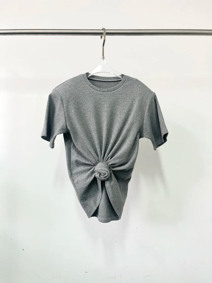 Y2K knotted twist knitted threaded round neck Top women fashionable and versatile navel padded shoulder short-sleeved T-shirt.