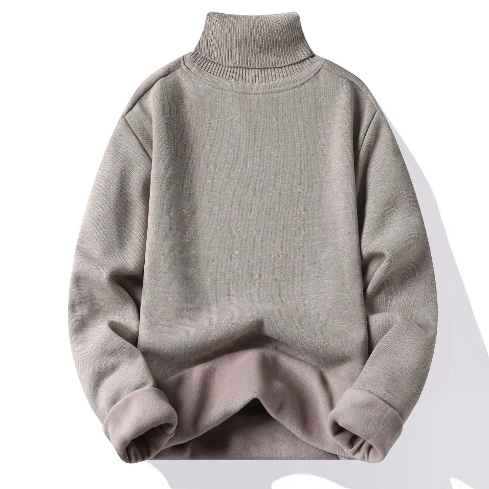 Men‘s Thermal Fleece High-neck Sweater Winter Turn-down Collar Fleece-lined Knitted Pullover Casual Keep Warm Thick Bottom Tops.