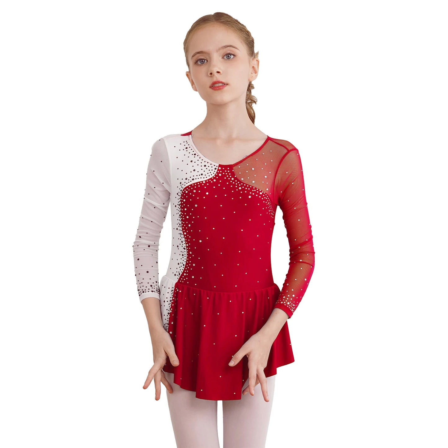 6-16Y Mädchen Eiskunstlauf Tanz Kleid Ballett Gymnastik Trikot Langarm Shiny Strass Sheer Mesh Leistung Dancewear.