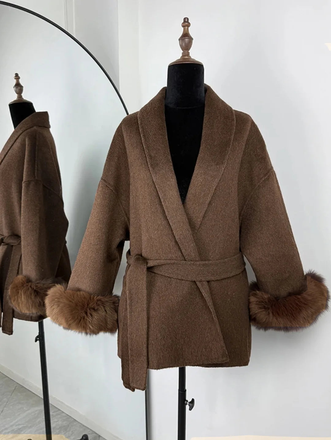 2025 Autumn Winter Chic Lapel Plush Coat With Belt Women Vintage Faux Fur Sleeve Tweed Open Coats Female Casual Street Outwear