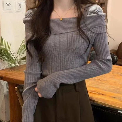 Solide Sexy Schlank Off Schulter Slash Neck Langarm Stricken Pullover Frauen Jumper Büro Mode Neue