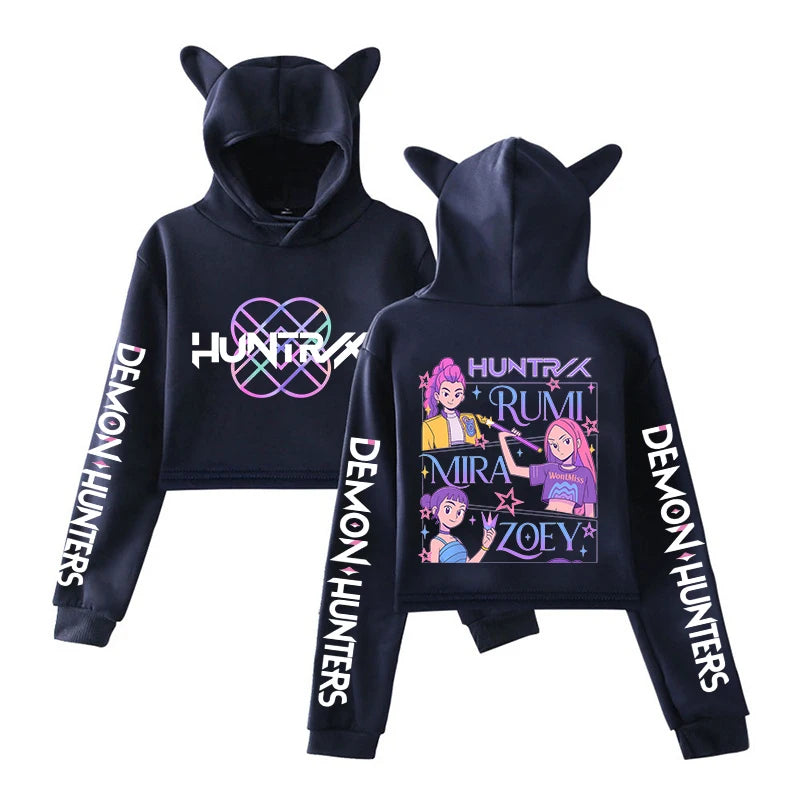 New KPop Demon Hunters Printed Hoodie Women Fashion Autumn Winter Pullover Girl Cute Cat Ear Sweatshirts Crop Tops.