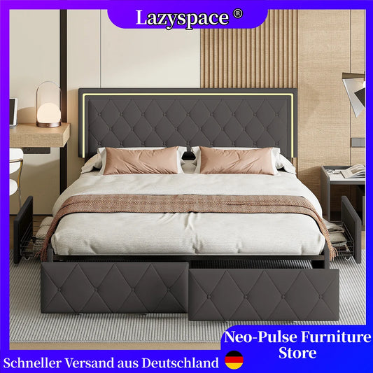 Lazyspace 4 Schubladen + RGB-LED-Kopfteil-Bettgestell, PU-Polsterbett, moderne Queen-Size-Einzel-Doppelbetten, Schlafzimmermöbel
